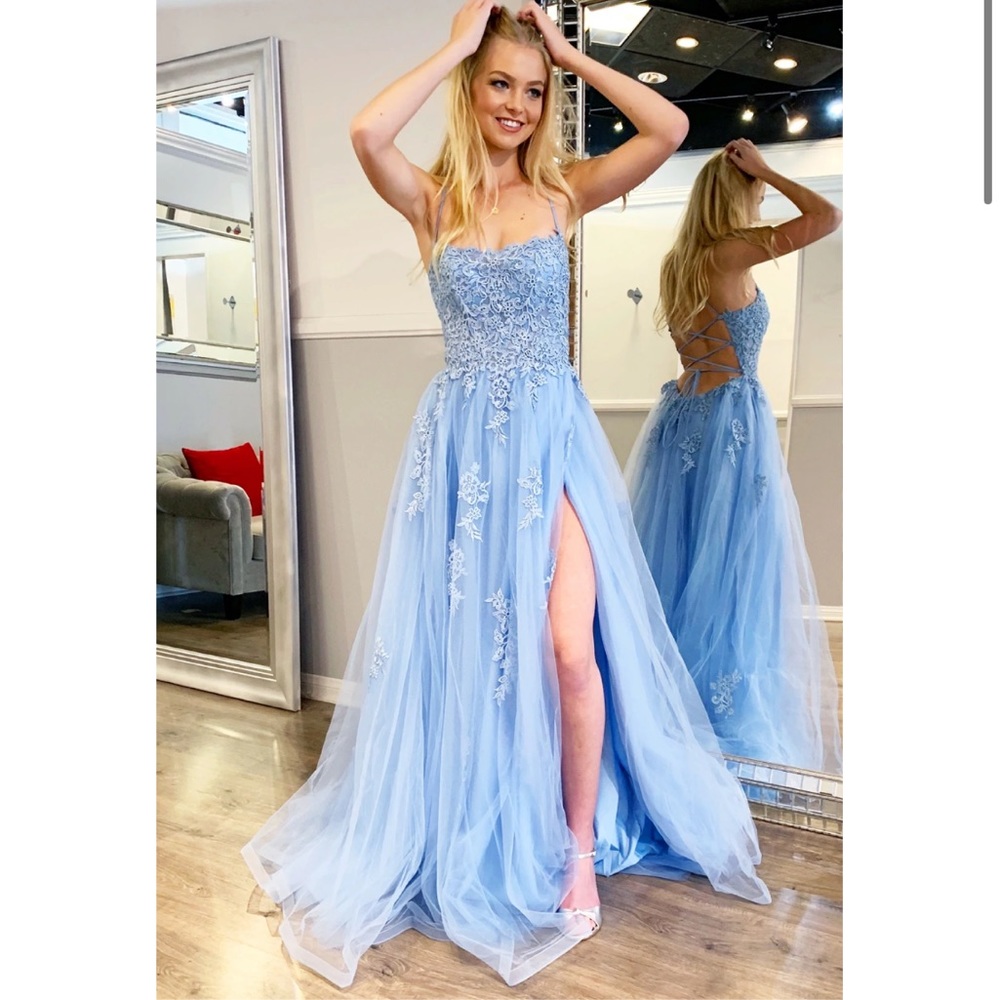 Rene beautiful chiffon & lace corset prom dress in sky blue